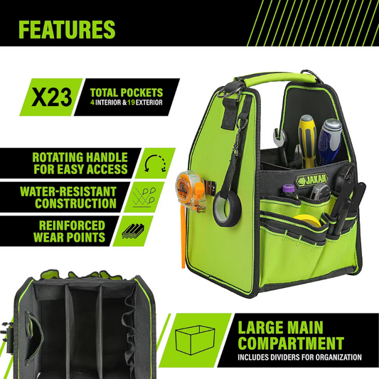 JAKAH 23 pockers & loops Tool Tote with Handle for Easy Tool Access, Water-Resistant Construction 8,7x8x13,4 (22x20x34 cm) - Black/Green