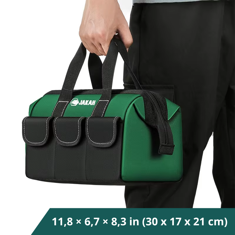 JAKAH Tool Tote – Wide Mouth Waterproof Bag, Size 11,8 × 6,7 × 8,3 in (30 x 17 x 21 cm) -  Black/Green