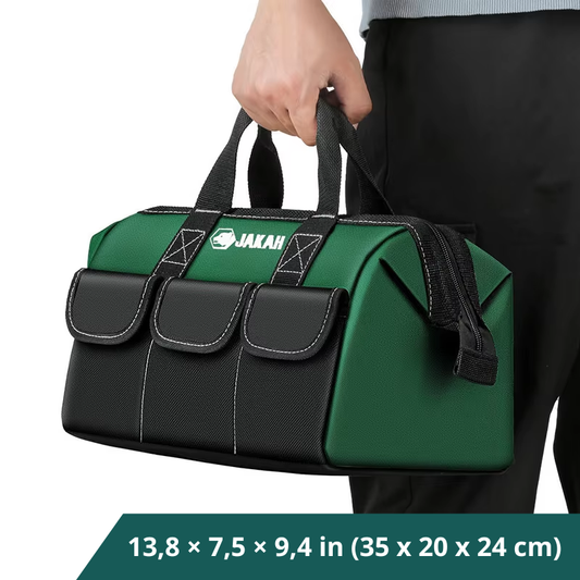 JAKAH Tool Tote – Wide Mouth Waterproof Bag, Size 13,8 × 7,5 × 9,4 in (35 x 20 x 24 cm) -  Black/Green