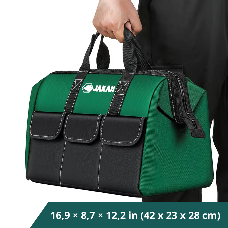 JAKAH Tool Tote – Wide Mouth Waterproof Bag, Size 16,9 × 8,7 × 12,2 in (42 x 23 x 28 cm) -  Black/Green