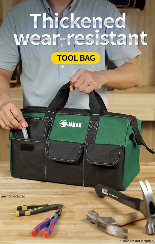 JAKAH Tool Tote – Wide Mouth Waterproof Bag, Size 13,8 × 7,5 × 9,1 in (35 x 20 x 41 cm) -  Black/Green