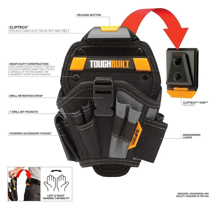 TOUGHBUILT TB-CT-20-L Large Drill Holster Pouch Bit Pouch for Tool Belt Hand Drill Special Belt Bag Portable Tool Bag