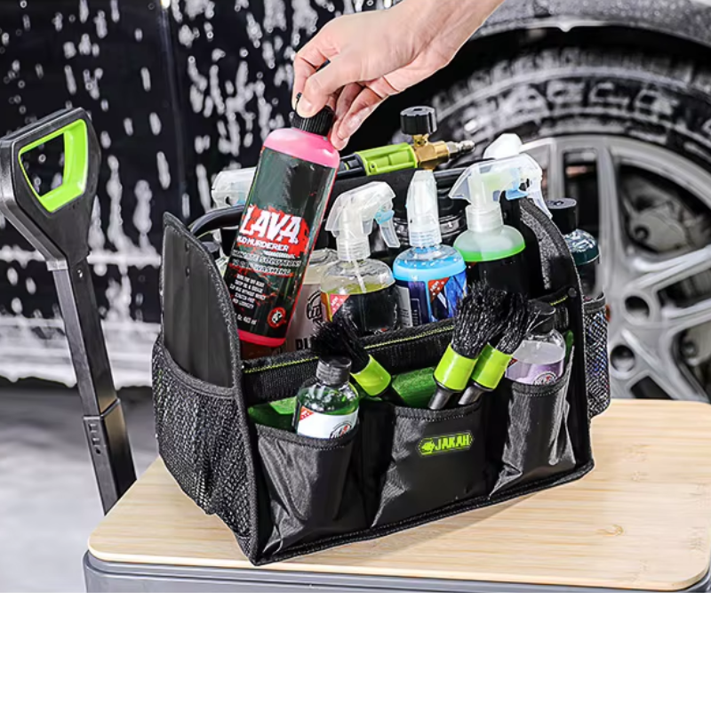JAKAH Quick Load Collapsible Detailing Caddy & Storage Organize (For Cars, Trucks, SUVs, RVs, Home, Workspace), Size 12,6 × 9,4 × 10,2 in (32 x 24 x 26 cm) - Black/Green