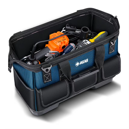 JAKAH Heavy Duty Multi-Purpose Tool Bag , Reinforced Plastic Bottom, Size 15,4 × 7,9 × 11 in (39 x 20 x 28 cm) - Black/Blue