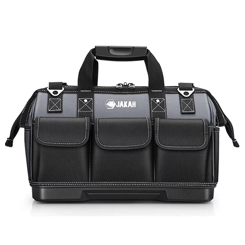 JAKAH Heavy Duty Multi-Purpose Tool Bag , Reinforced Plastic Bottom, Size 16,9 × 7,9 × 11,4 in (43 x 20 x 29 cm) - Black/Grey