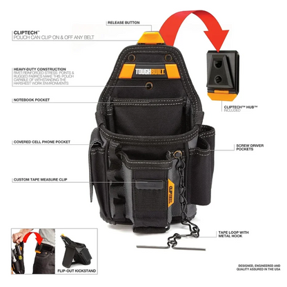 TOUGHBUILT TB-CT-34 Small Electricians Pouch  - For Tool Belt 13 Pockets And Loops Black-Duty Construction