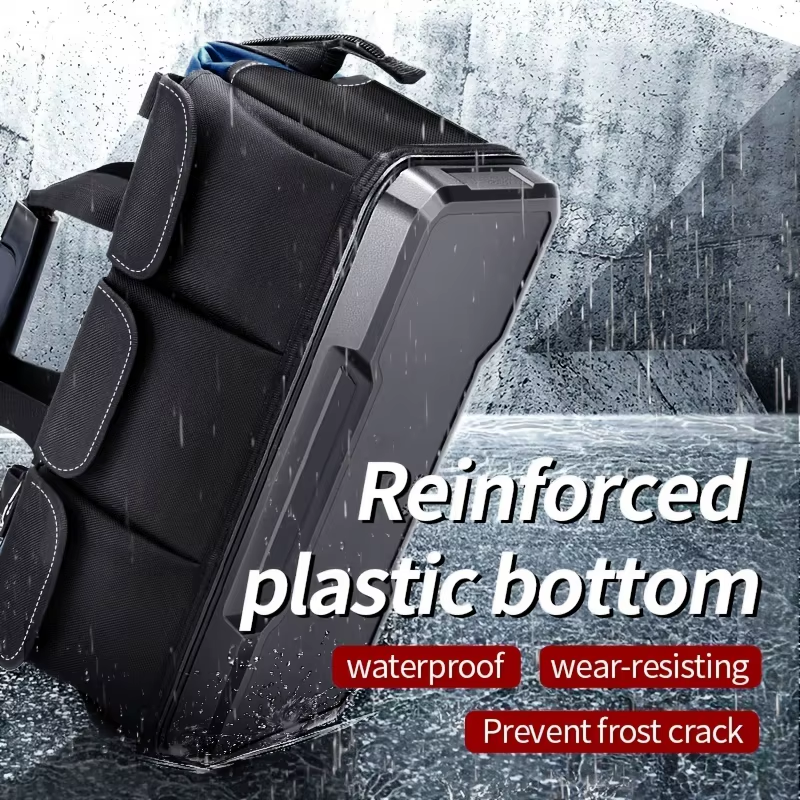 JAKAH Heavy Duty Multi-Purpose Tool Bag , Reinforced Plastic Bottom, Size 16,9 × 7,9 × 11,4 in (43 x 20 x 29 cm) - Black/Blue