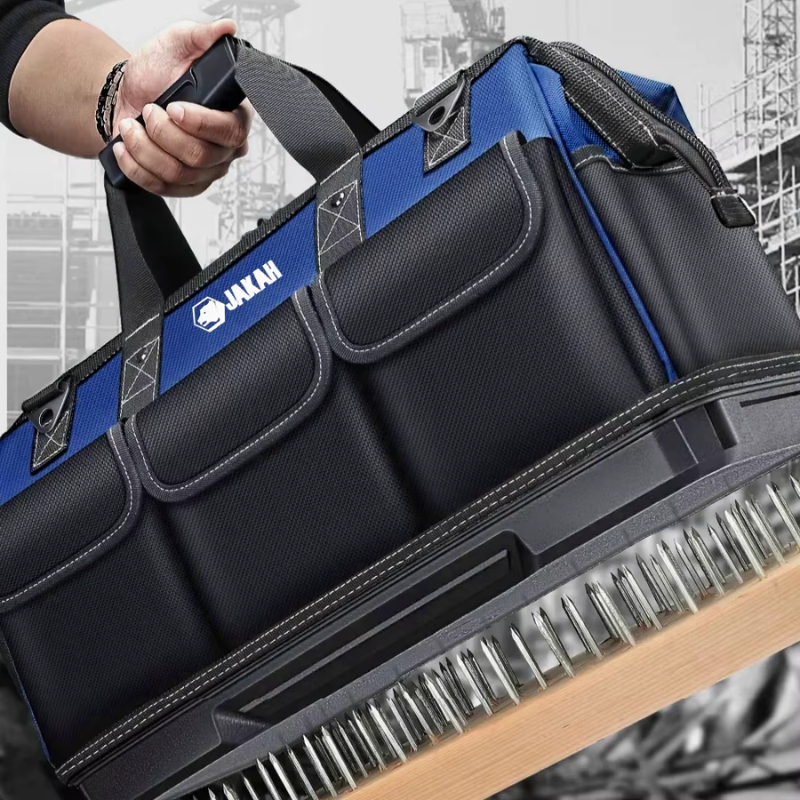 JAKAH Heavy Duty Multi-Purpose Tool Bag , Reinforced Plastic Bottom, Size 16,9 × 7,9 × 11,4 in (43 x 20 x 29 cm) - Black/Blue