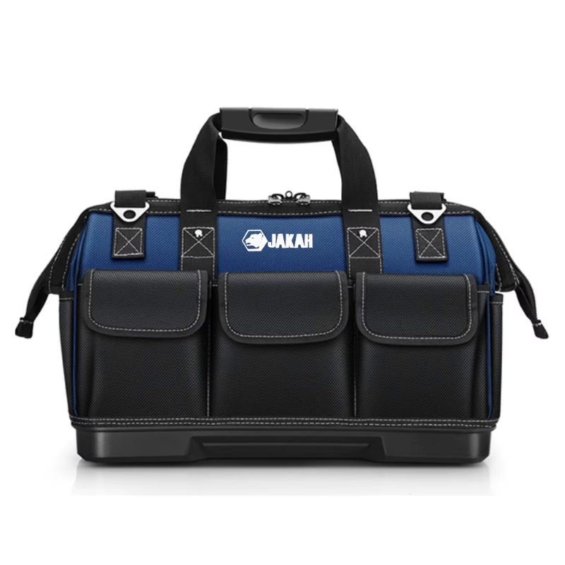 JAKAH Heavy Duty Multi-Purpose Tool Bag , Reinforced Plastic Bottom, Size 16,9 × 7,9 × 11,4 in (43 x 20 x 29 cm) - Black/Blue