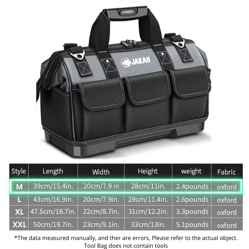 JAKAH Heavy Duty Multi-Purpose Tool Bag , Reinforced Plastic Bottom, Size 15,4 × 7,9 × 11 in (39 x 20 x 28 cm) - Black/Grey