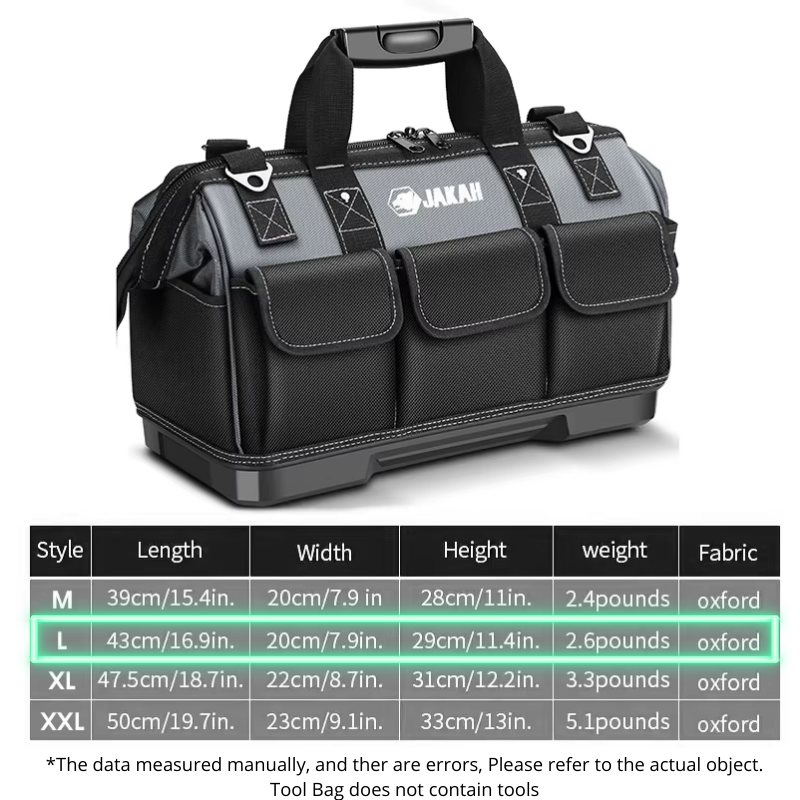 JAKAH Heavy Duty Multi-Purpose Tool Bag , Reinforced Plastic Bottom, Size 16,9 × 7,9 × 11,4 in (43 x 20 x 29 cm) - Black/Grey