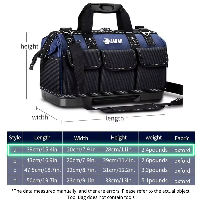 JAKAH Heavy Duty Multi-Purpose Tool Bag , Reinforced Plastic Bottom, Size 15,4 × 7,9 × 11 in (39 x 20 x 28 cm) - Black/Blue