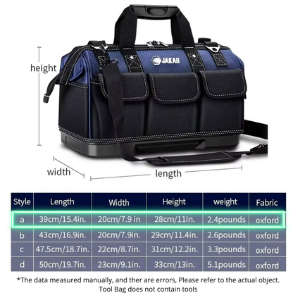 JAKAH Heavy Duty Multi-Purpose Tool Bag , Reinforced Plastic Bottom, Size 15,4 × 7,9 × 11 in (39 x 20 x 28 cm) - Black/Blue