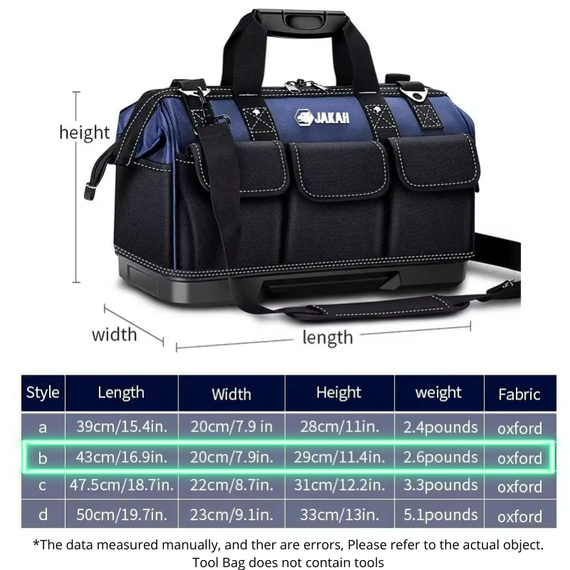 JAKAH Heavy Duty Multi-Purpose Tool Bag , Reinforced Plastic Bottom, Size 16,9 × 7,9 × 11,4 in (43 x 20 x 29 cm) - Black/Blue
