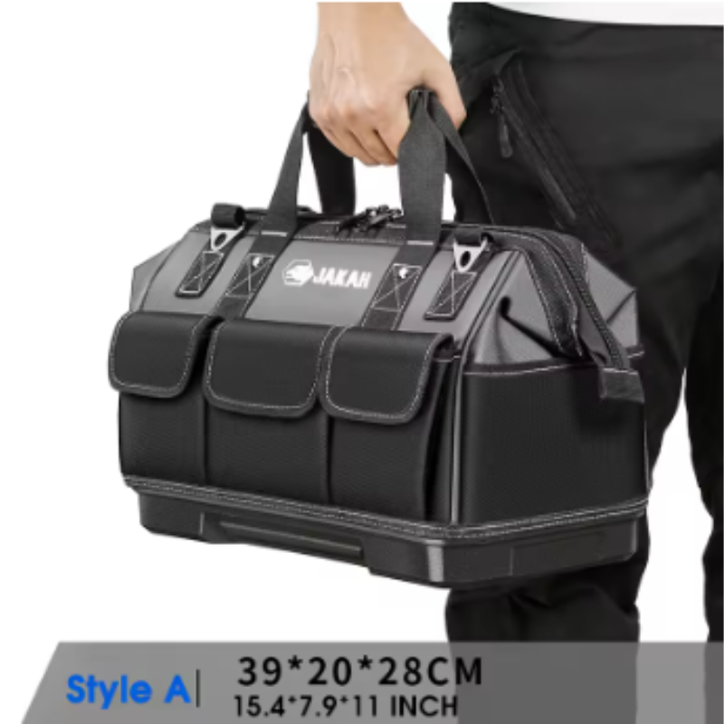 JAKAH Heavy Duty Multi-Purpose Tool Bag , Reinforced Plastic Bottom, Size 15,4 × 7,9 × 11 in (39 x 20 x 28 cm) - Black/Grey