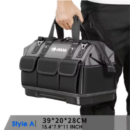 JAKAH Heavy Duty Multi-Purpose Tool Bag , Reinforced Plastic Bottom, Size 15,4 × 7,9 × 11 in (39 x 20 x 28 cm) - Black/Grey