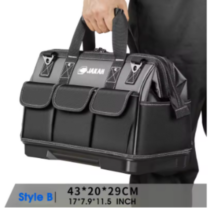 JAKAH Heavy Duty Multi-Purpose Tool Bag , Reinforced Plastic Bottom, Size 16,9 × 7,9 × 11,4 in (43 x 20 x 29 cm) - Black/Grey