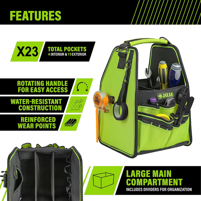 JAKAH 23 pockers & loops Tool Tote with Handle for Easy Tool Access, Water-Resistant Construction 8,7x8x13,4 (22x20x34 cm) - Black/Green