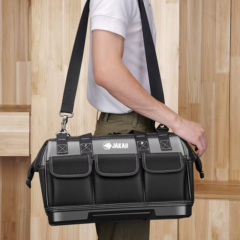 JAKAH Heavy Duty Multi-Purpose Tool Bag , Reinforced Plastic Bottom, Size 15,4 × 7,9 × 11 in (39 x 20 x 28 cm) - Black/Grey