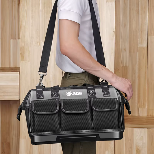 JAKAH Heavy Duty Multi-Purpose Tool Bag , Reinforced Plastic Bottom, Size 15,4 × 7,9 × 11 in (39 x 20 x 28 cm) - Black/Grey