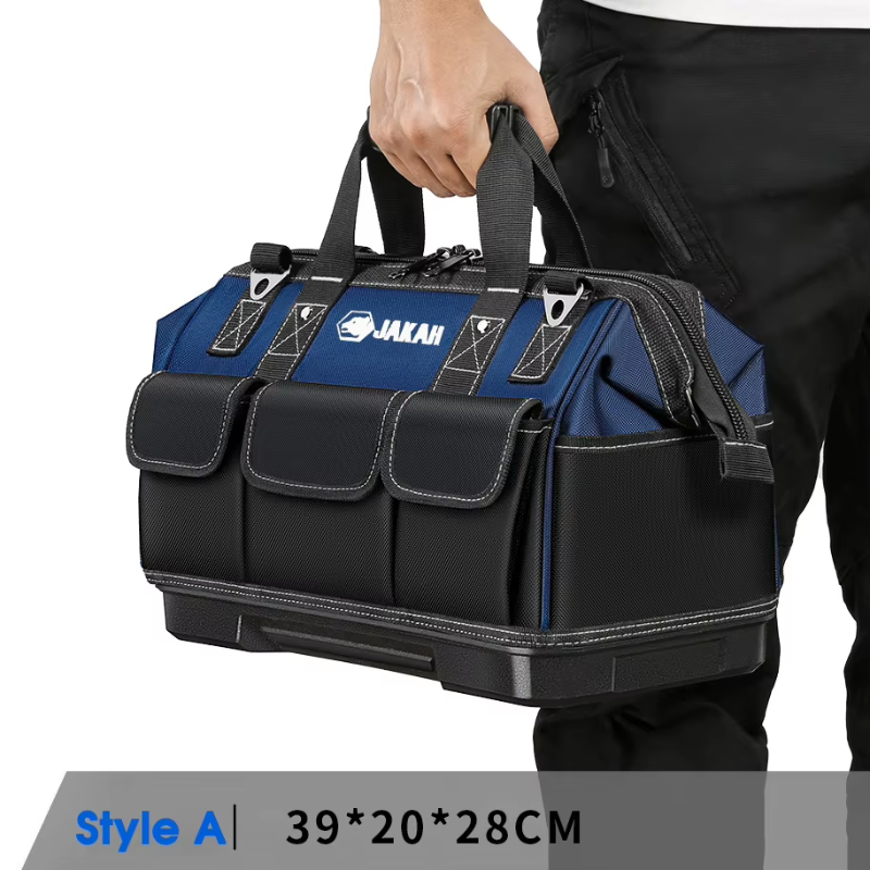 JAKAH Heavy Duty Multi-Purpose Tool Bag , Reinforced Plastic Bottom, Size 15,4 × 7,9 × 11 in (39 x 20 x 28 cm) - Black/Blue