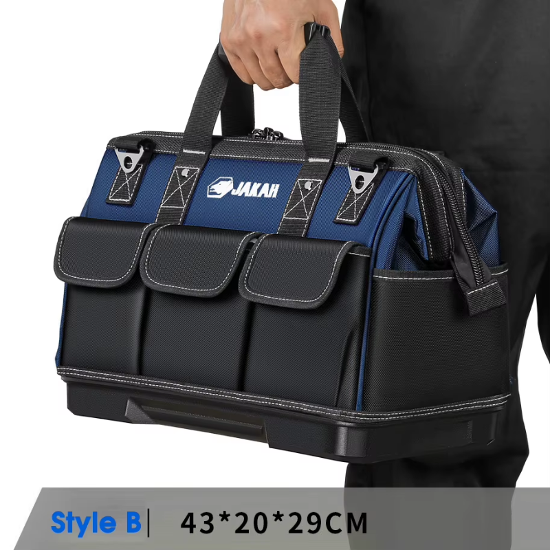 JAKAH Heavy Duty Multi-Purpose Tool Bag , Reinforced Plastic Bottom, Size 16,9 × 7,9 × 11,4 in (43 x 20 x 29 cm) - Black/Blue