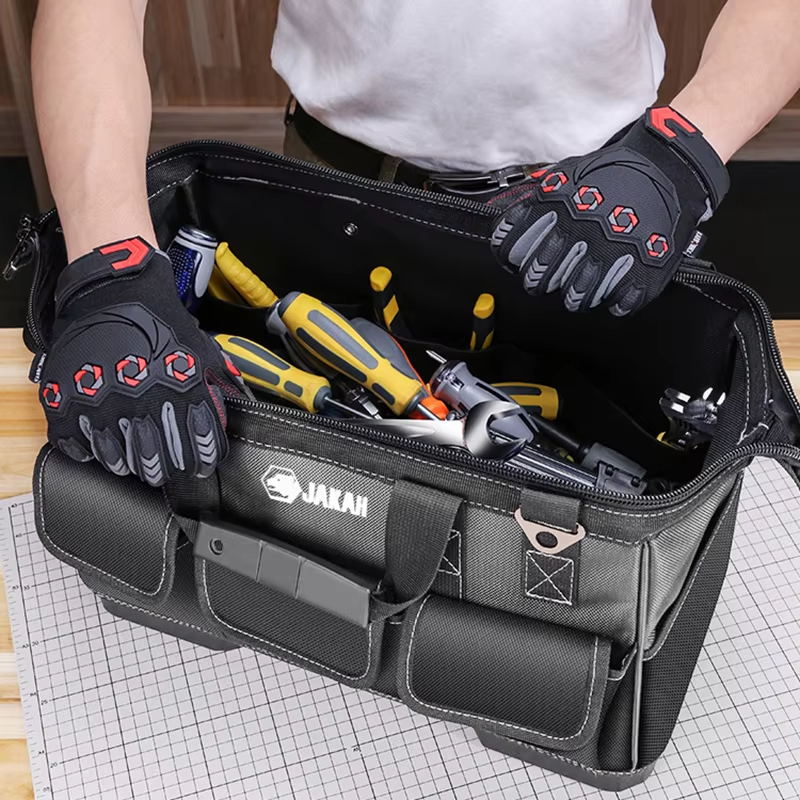 JAKAH Heavy Duty Multi-Purpose Tool Bag , Reinforced Plastic Bottom, Size 16,9 × 7,9 × 11,4 in (43 x 20 x 29 cm) - Black/Grey