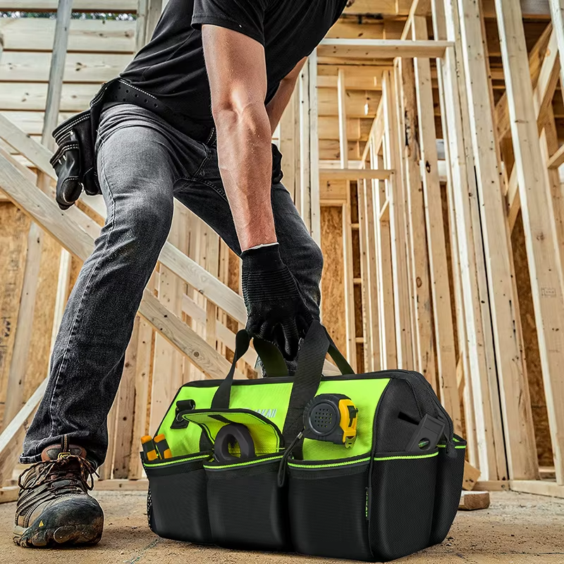 JAKAH Tool Bag Strong And Durable Canvas Thickened Portable Multi-functional Water-Resistant Construction, Size 15,7 × 8,3 × 11,8 in (40 x 21 x 30 cm) -   Black/Green