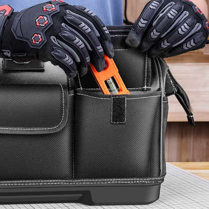 JAKAH Heavy Duty Multi-Purpose Tool Bag , Reinforced Plastic Bottom, Size 16,9 × 7,9 × 11,4 in (43 x 20 x 29 cm) - Black/Grey