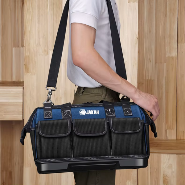 JAKAH Heavy Duty Multi-Purpose Tool Bag , Reinforced Plastic Bottom, Size 16,9 × 7,9 × 11,4 in (43 x 20 x 29 cm) - Black/Blue