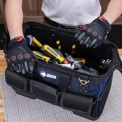 JAKAH Heavy Duty Multi-Purpose Tool Bag , Reinforced Plastic Bottom, Size 15,4 × 7,9 × 11 in (39 x 20 x 28 cm) - Black/Blue