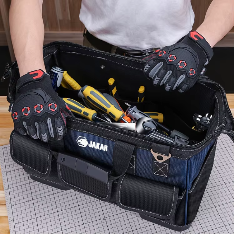 JAKAH Heavy Duty Multi-Purpose Tool Bag , Reinforced Plastic Bottom, Size 16,9 × 7,9 × 11,4 in (43 x 20 x 29 cm) - Black/Blue
