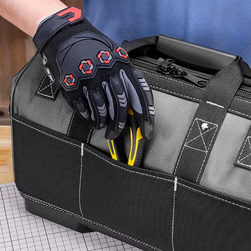 JAKAH Heavy Duty Multi-Purpose Tool Bag , Reinforced Plastic Bottom, Size 16,9 × 7,9 × 11,4 in (43 x 20 x 29 cm) - Black/Grey