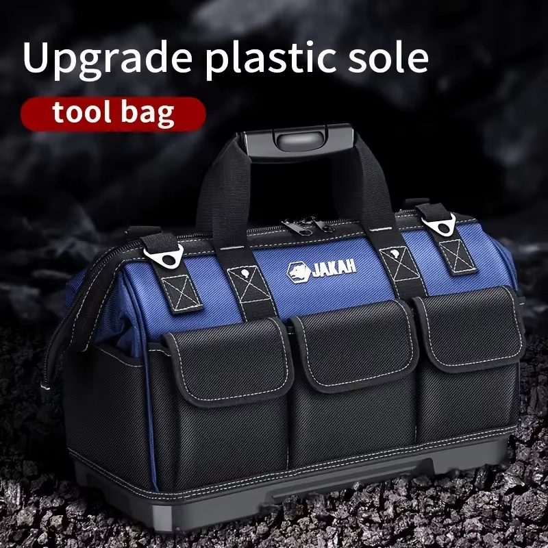 JAKAH Heavy Duty Multi-Purpose Tool Bag , Reinforced Plastic Bottom, Size 16,9 × 7,9 × 11,4 in (43 x 20 x 29 cm) - Black/Blue