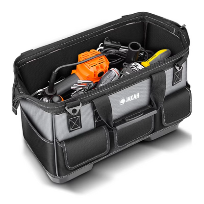 JAKAH Heavy Duty Multi-Purpose Tool Bag , Reinforced Plastic Bottom, Size 16,9 × 7,9 × 11,4 in (43 x 20 x 29 cm) - Black/Grey
