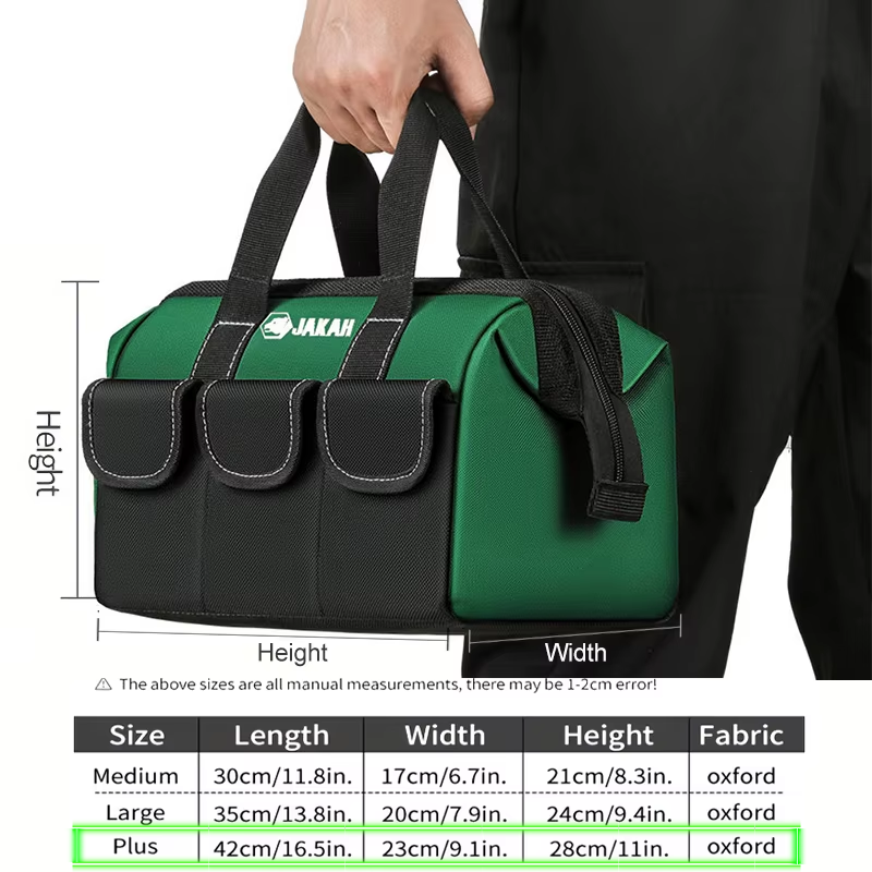 JAKAH Tool Tote – Wide Mouth Waterproof Bag, Size 16,9 × 8,7 × 12,2 in (42 x 23 x 28 cm) -  Black/Green