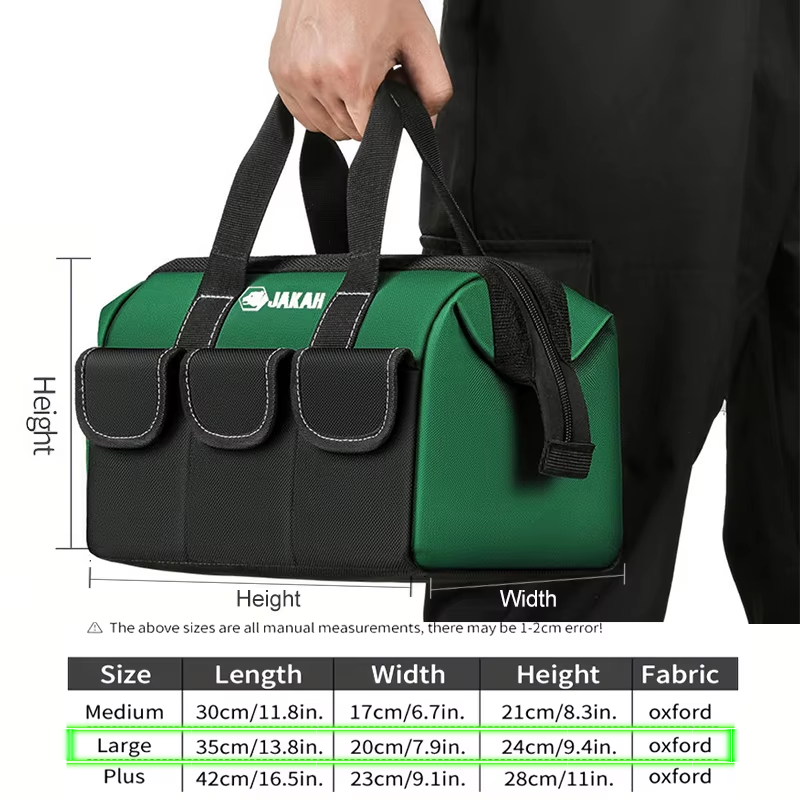 JAKAH Tool Tote – Wide Mouth Waterproof Bag, Size 13,8 × 7,5 × 9,1 in (35 x 20 x 41 cm) -  Black/Green